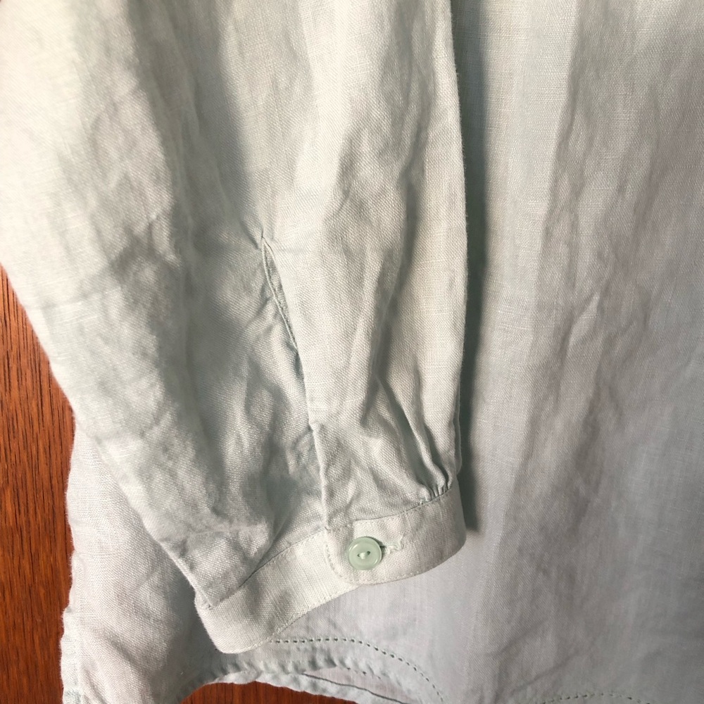 L.L. Bean Linen Aqua Blue tunic top pintuck L button up seafoam blue green - Picture 3 of 7